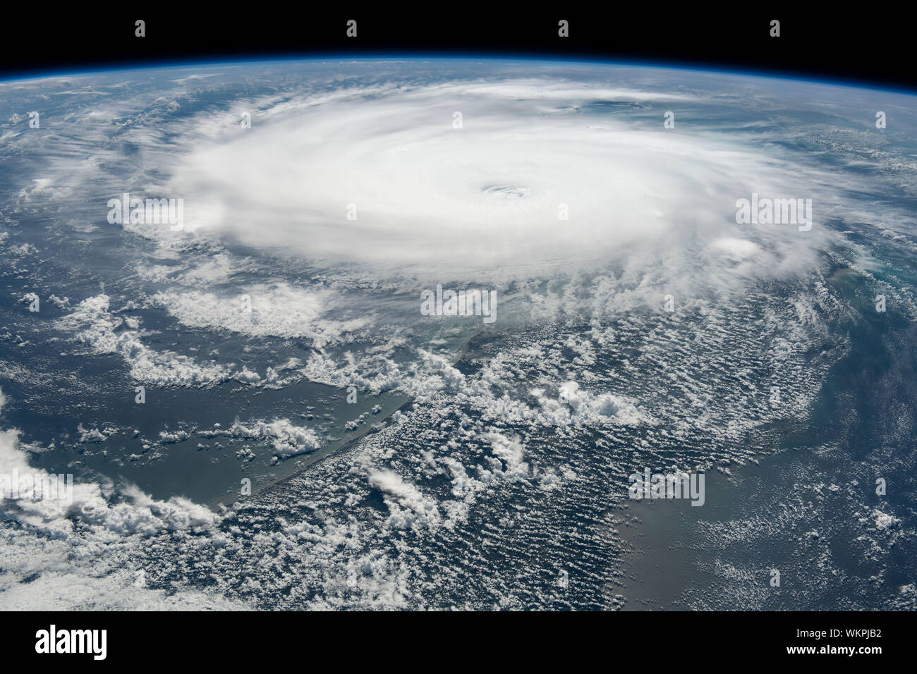International Space Station. 02 September, 2019. Cyclonic clouds of Hurricane Dorian seen from the International Space Station as it moves toward the coast of Florida September 2, 2019 in the Atlantic Ocean. The current forecast calls for Dorian to strengthen over open water to a Category 4 with winds of 140 mph before making landfall in South Florida late Monday.  Credit: NASA/Planetpix/Alamy Live News Stock Photo