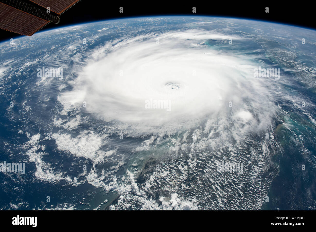 International Space Station. 02 September, 2019. Cyclonic clouds of Hurricane Dorian seen from the International Space Station as it moves toward the coast of Florida September 2, 2019 in the Atlantic Ocean. The current forecast calls for Dorian to strengthen over open water to a Category 4 with winds of 140 mph before making landfall in South Florida late Monday.  Credit: NASA/Planetpix/Alamy Live News Stock Photo