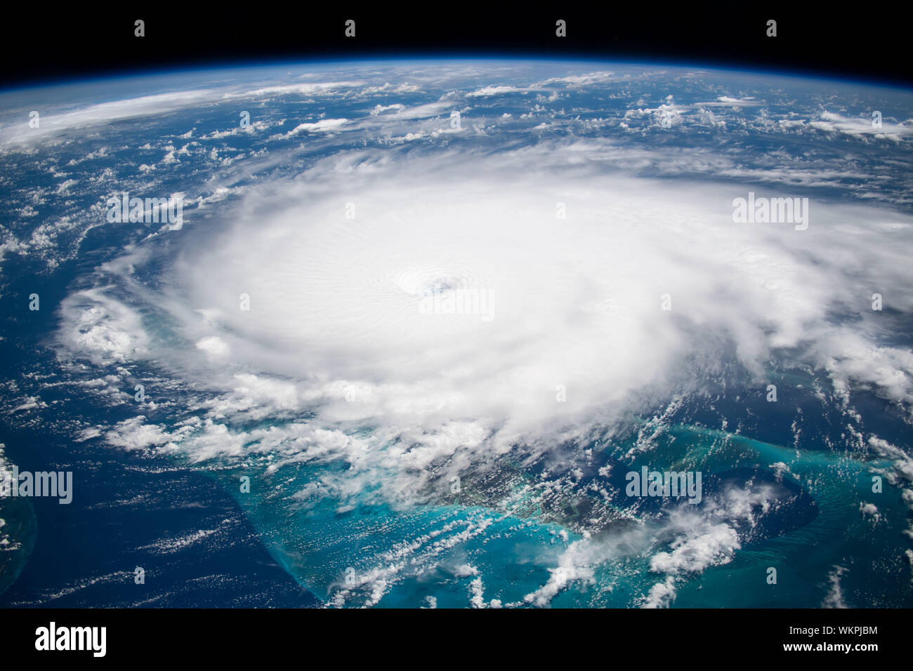 International Space Station. 01 September, 2019. Cyclonic clouds of Hurricane Dorian seen from the International Space Station as it stalls over the Bahamas September 1, 2019 in the Atlantic Ocean. The current forecast calls for Dorian to strengthen over open water to a Category 4 with winds of 140 mph before making landfall in South Florida late Monday.  Credit: NASA/Planetpix/Alamy Live News Stock Photo