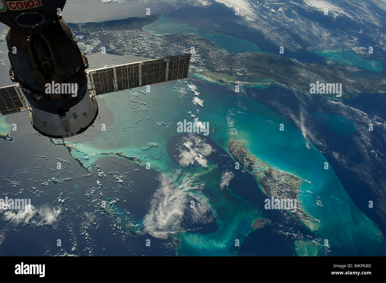 Caribbean sea, Andros island, Cuba (top of image), Russian Soyuz spacecraft, December 23, 2013, by NASA/DPA Stock Photo