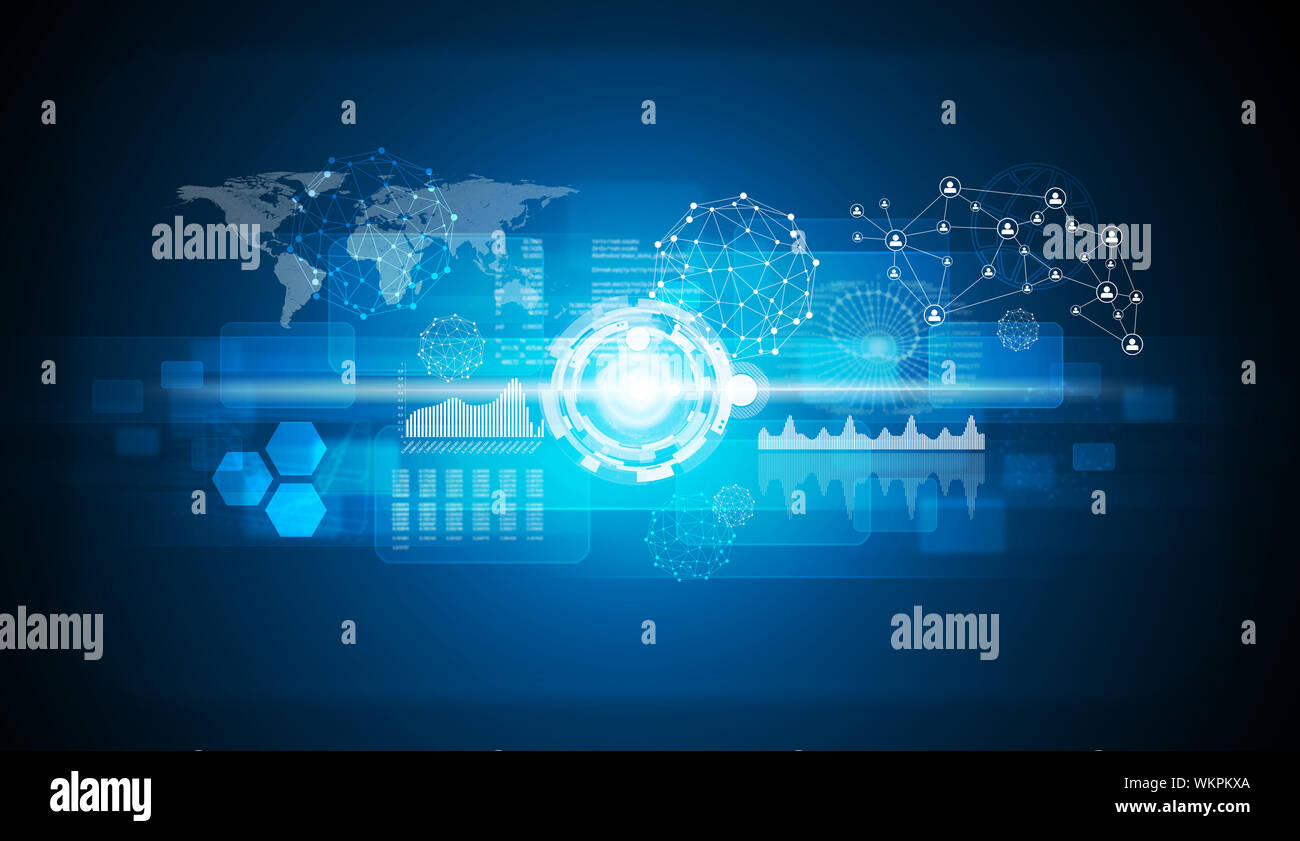 Graphs, world map, network and other elements. Technology background ...