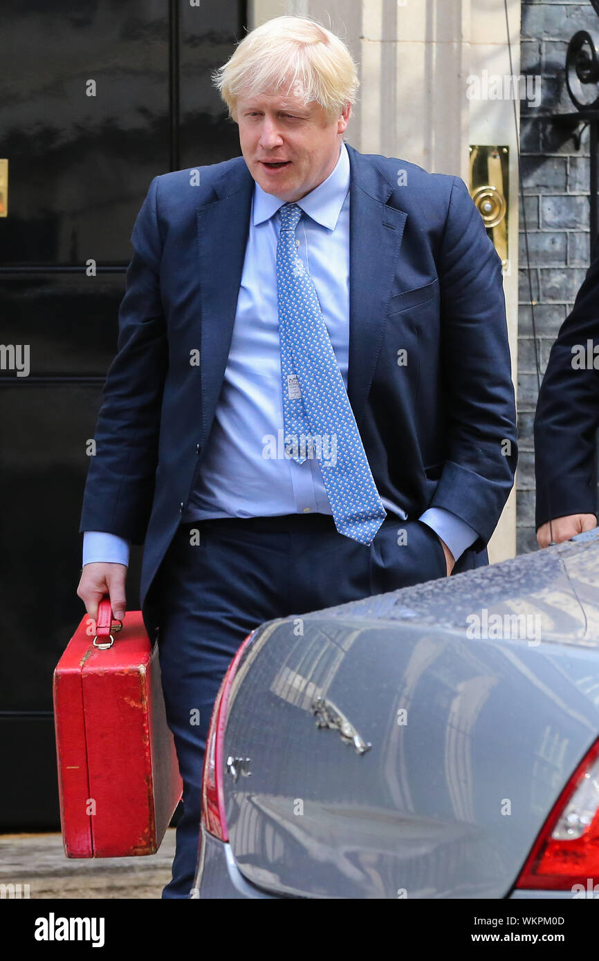 British Prime Minister Boris Johnson is seen leaving No 10 Downing Street to attend his first Prime Minister's Questions at the House of Commons. Later today the MPs will debate bill that could block no-deal Brexit. Stock Photo