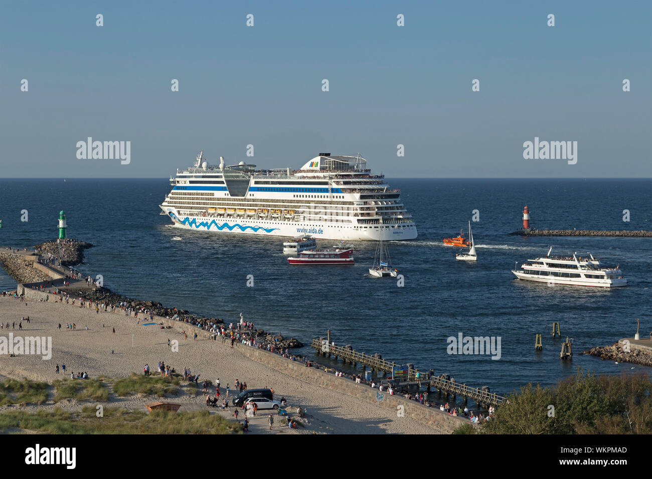 cruise ship AIDAdiva leaving Warnemünde, Rostock, Mecklenburg-West Pomerania, Germany Stock Photo
