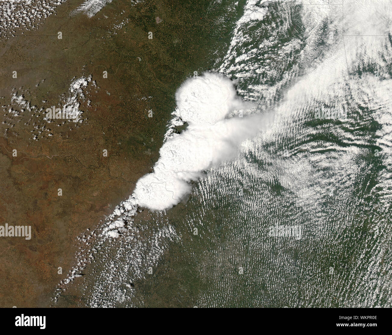 Satellite view of storm system, producing F 4 tornado in Moore, OK, May 20, 2013, 2:40PM CDT, OK, USA. by NASA/DPA Stock Photo