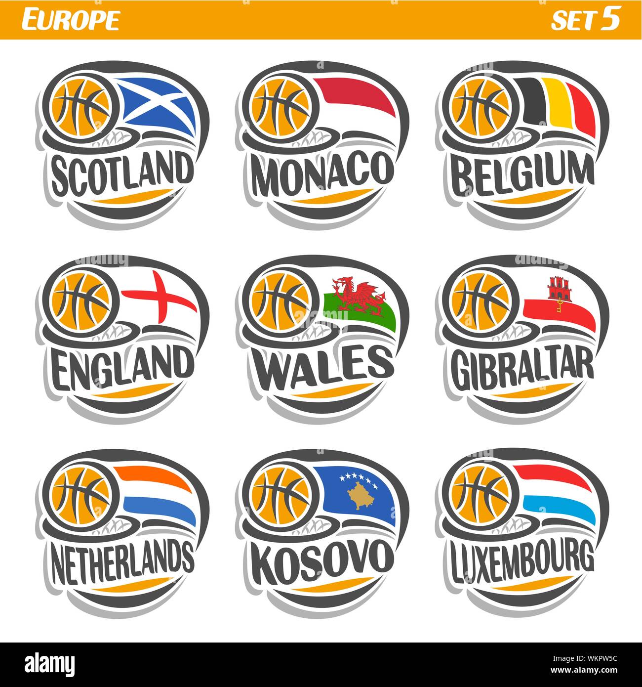 Vector set with Flags of European Countries with Basketball Ball Stock