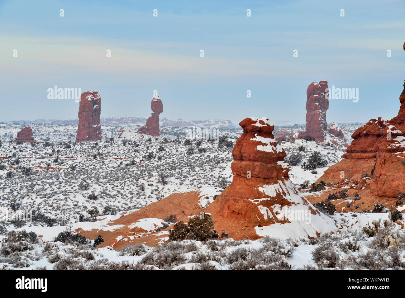 Morning skies over the snowy Garden of Eden, Arches National Park, Utah