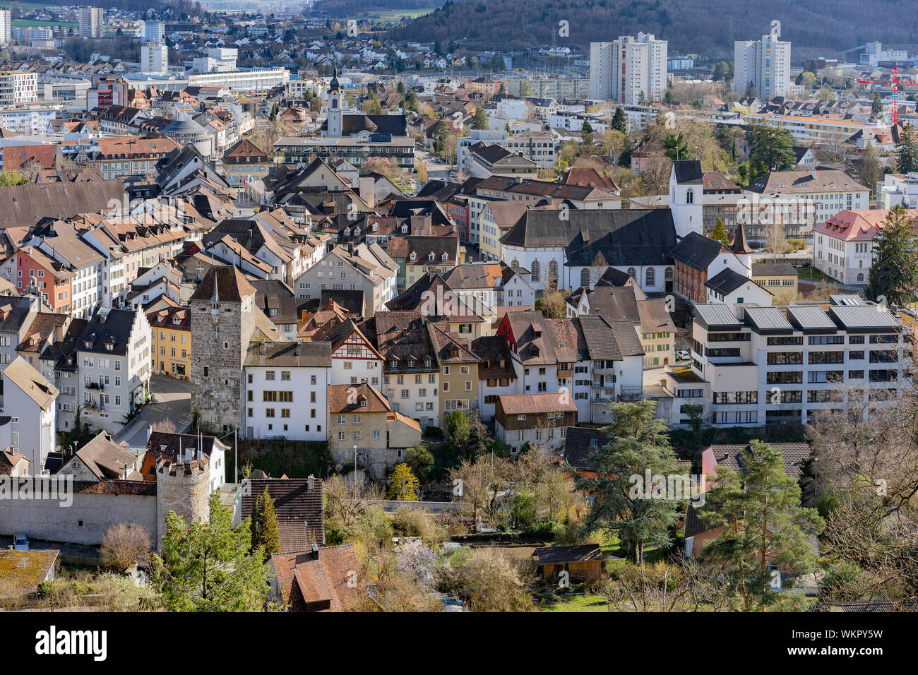 View over the historic old town with the black tower, the Latin schoolhouse and the district school with a view of the Neumarkt, the two churches and Stock Photo