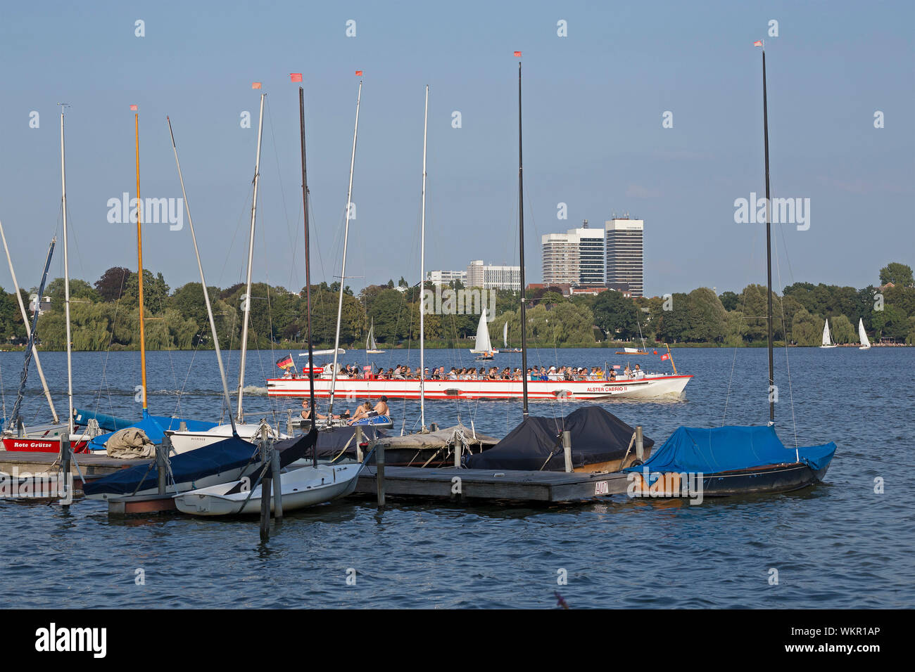 excursion boat, marina at the Western lakefront, Outer Alster, Hamburg, Germany Stock Photo