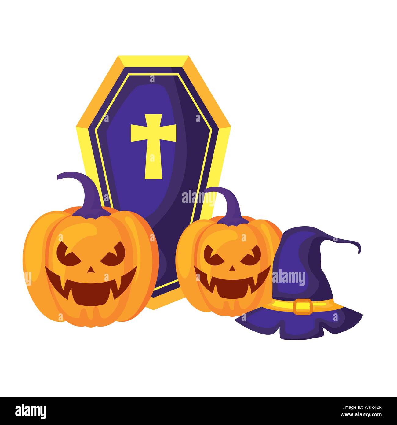 halloween pumpkins with hat witch and coffin vector illustration design ...