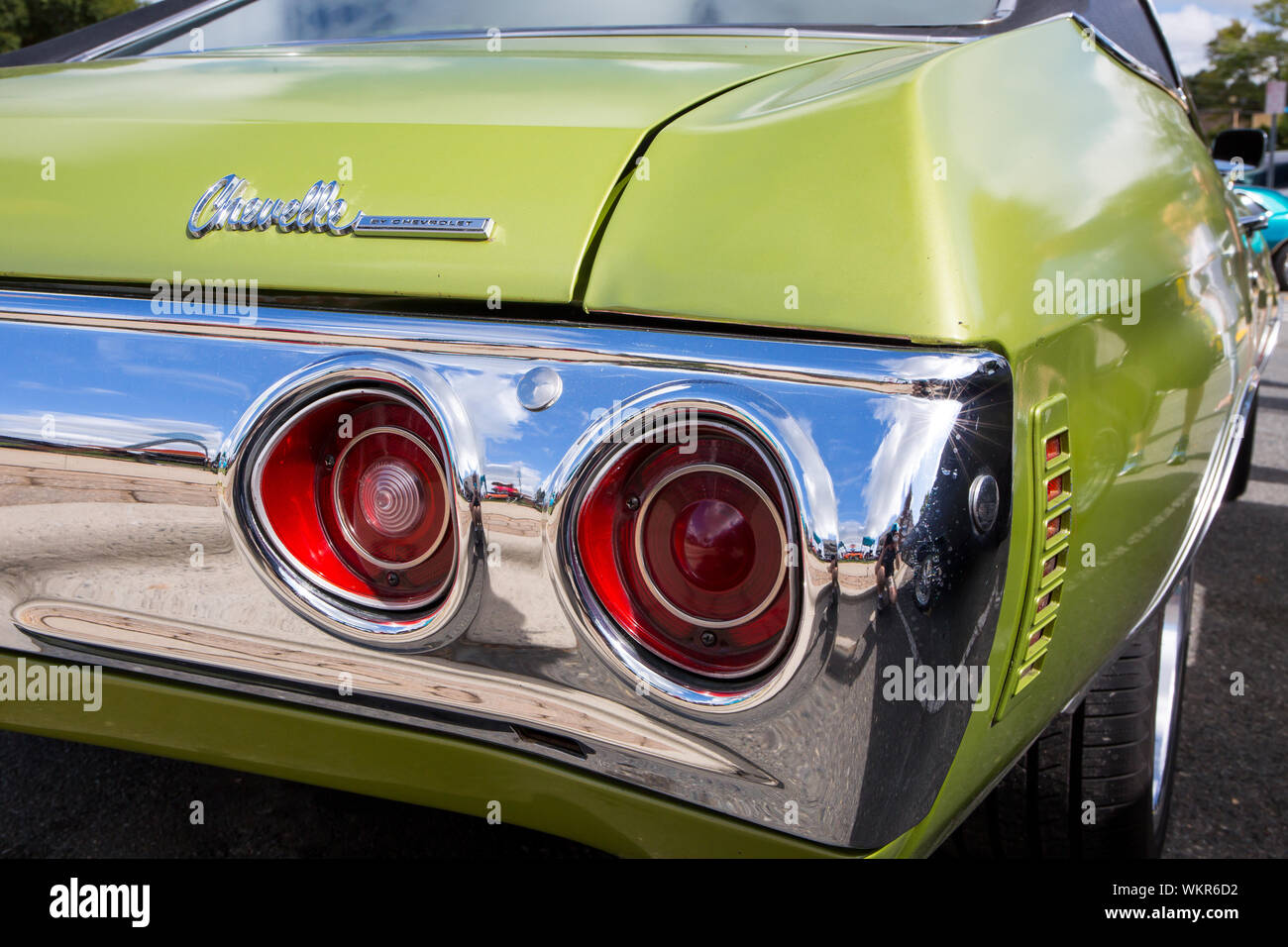 Closeup of a 1971 Chevrolet Chevelle Malibu on display at a classic car show in Matthews, North Carolina. Stock Photo