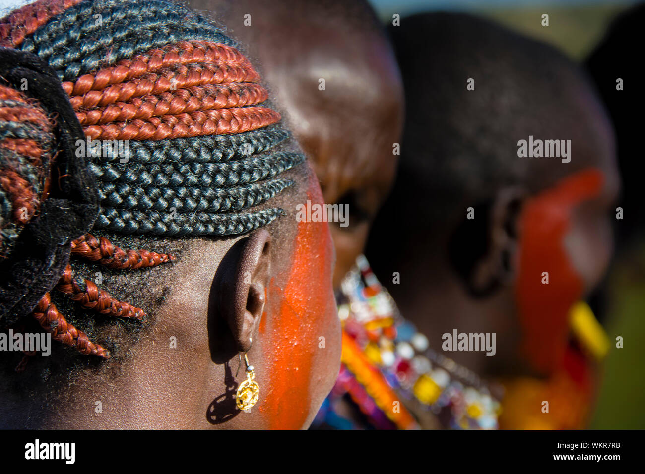 Close-up rear view of a Maasai Woman wearing traditional braided hair, colored red, village near the Masai Mara, Kenya, East Africa Stock Photo