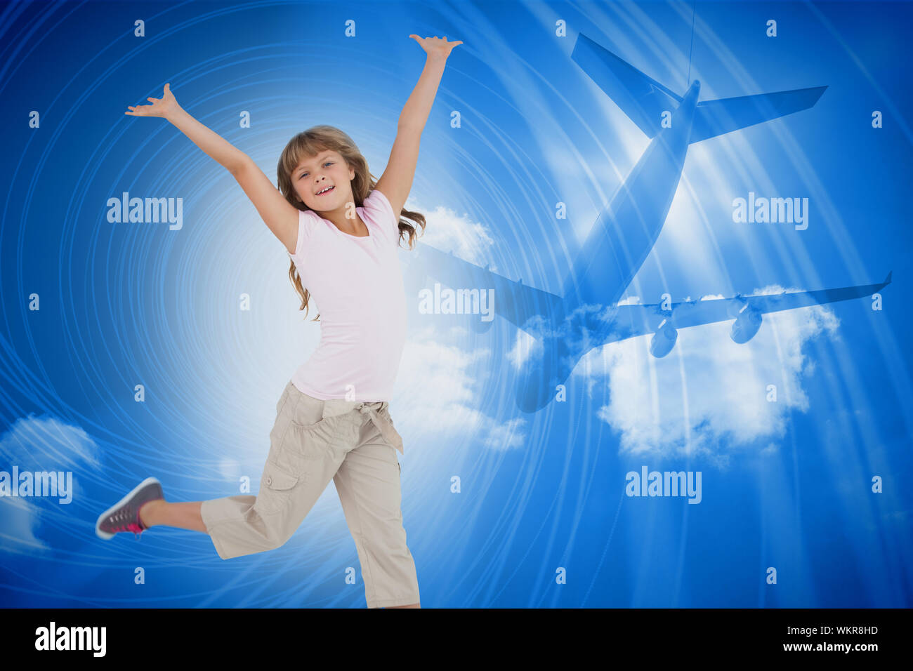Happy girl jumping against bright blue sky with clouds Stock Photo - Alamy