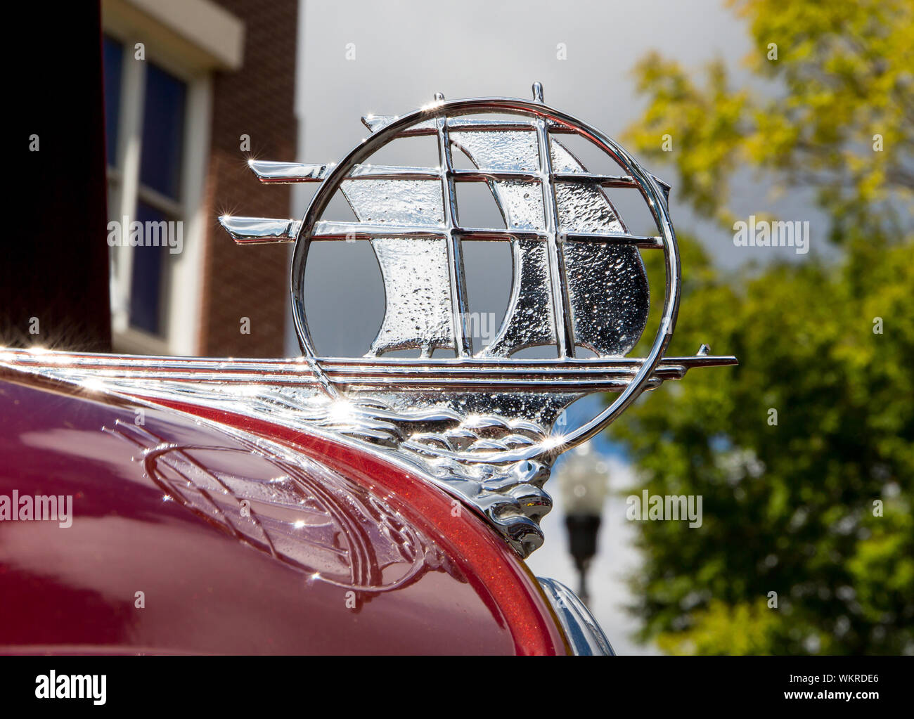 Closeup of a 1934 Plymouth automobile hood ornament on display at a classic car show in Matthews, North Carolina. Stock Photo