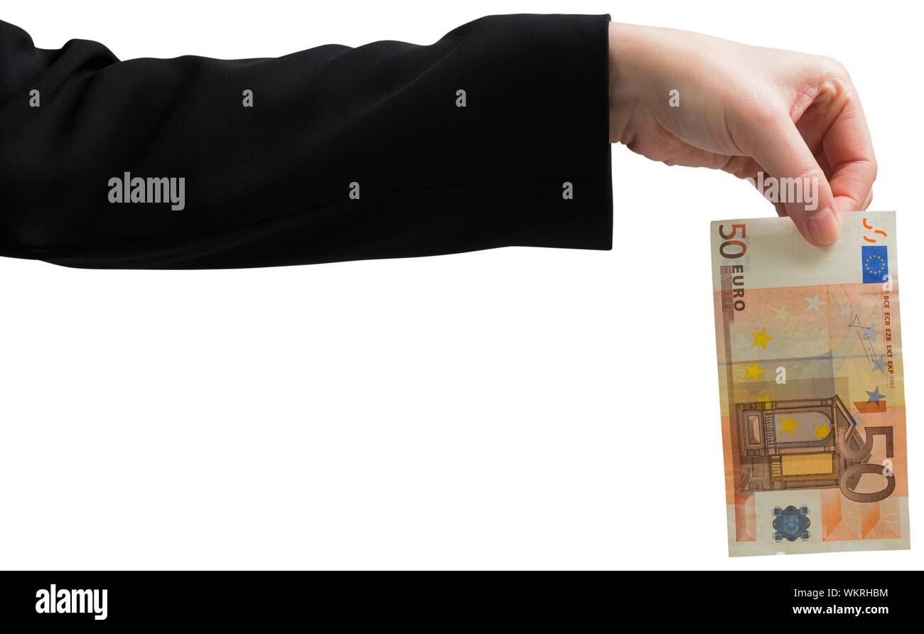 Businesswomans hand holding fifty euro on white background Stock Photo ...