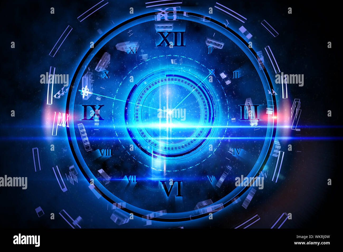 Digitally generated blue glowing technology design with clock Stock ...