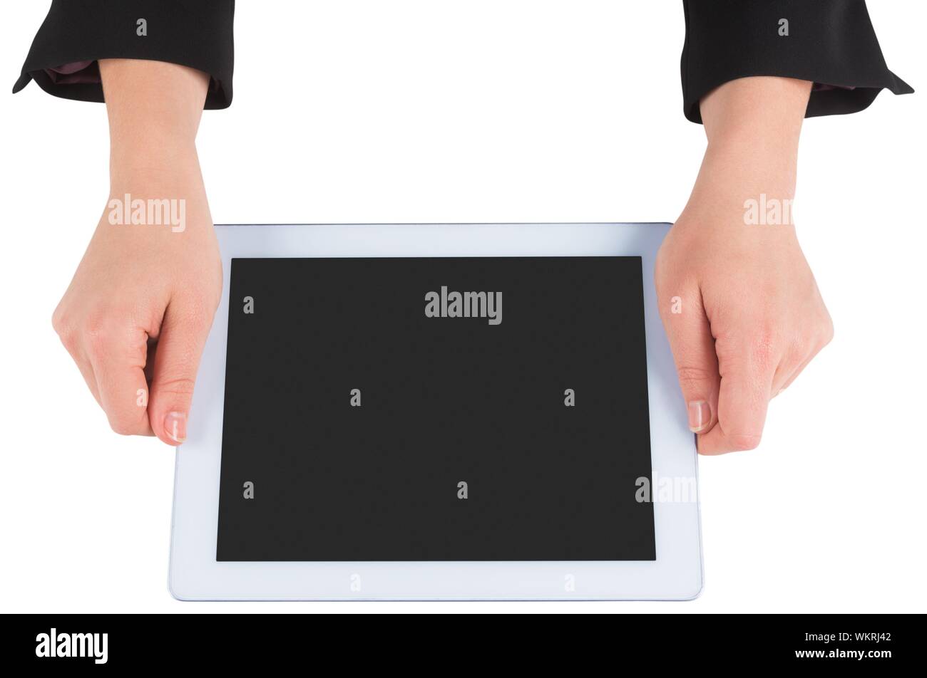 Businesswomans hands holding tablet on white background Stock Photo - Alamy