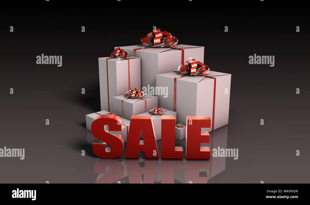 Sale Sign with Gift Boxes in 3d Stock Photo - Alamy