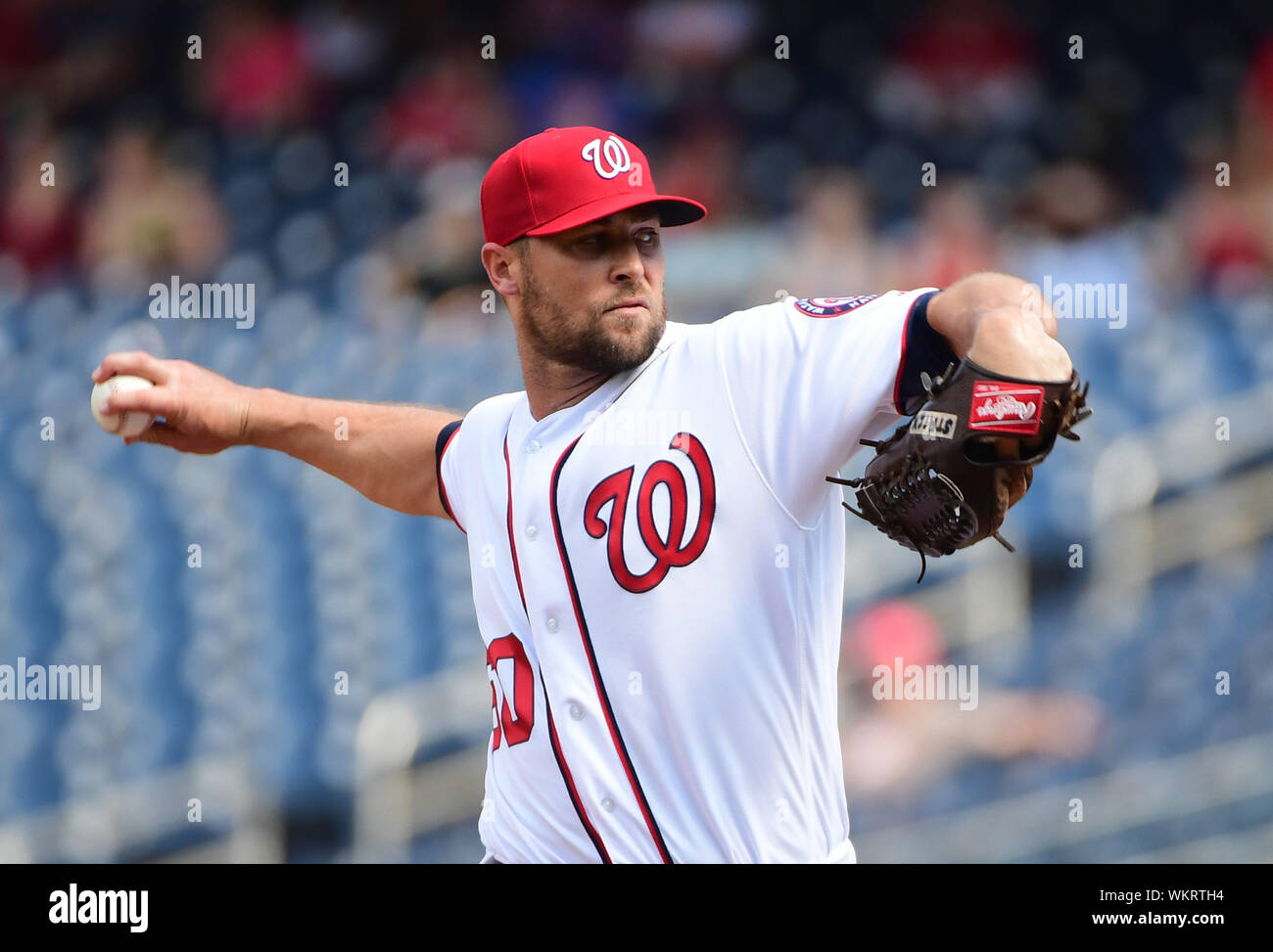 Washington, United States. 04th Sep, 2019. Washington Nationals relief pitcher Hunter Strickland (60) pitches against the New York Mets in the sixth inning at National Park in Washington, DC on Wednesday, September 4, 2019. Photo by Kevin Dietsch/UPI Credit: UPI/Alamy Live News Stock Photo