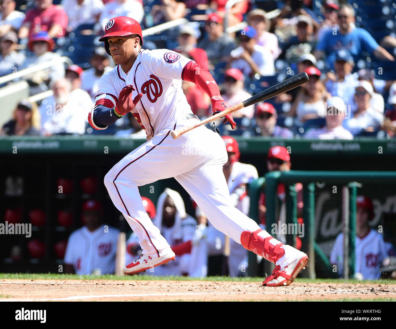Washington, United States. 04th Sep, 2019. Washington Nationals left fielder Juan Soto (22) bunts against the New York Mets in the fifth inning at National Park in Washington, DC on Wednesday, September 4, 2019. Photo by Kevin Dietsch/UPI Credit: UPI/Alamy Live News Stock Photo