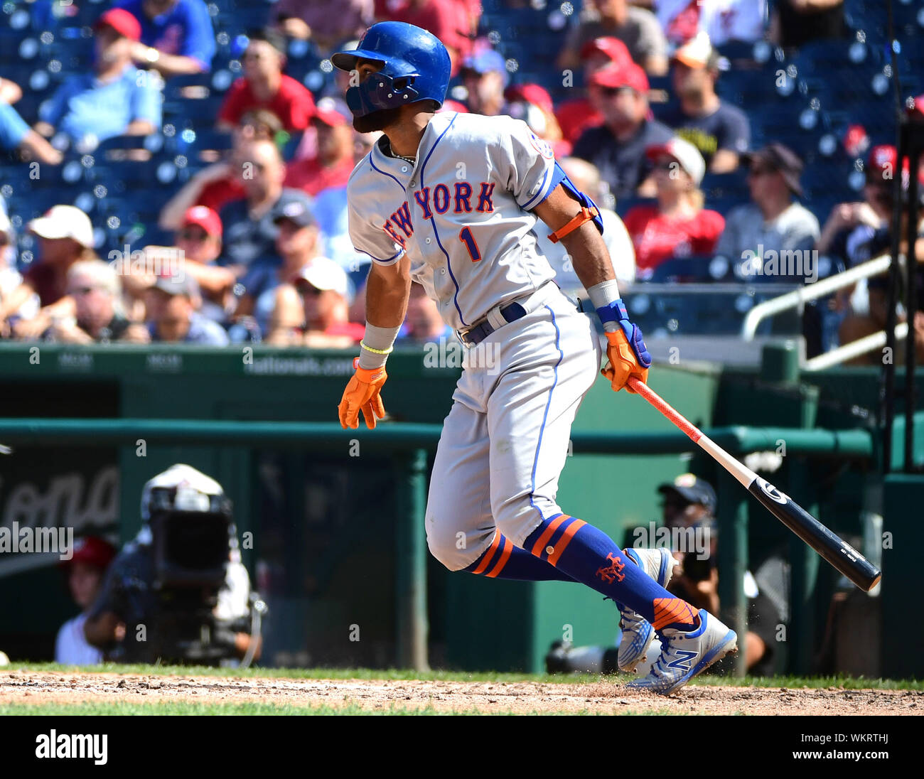 Washington, United States. 04th Sep, 2019. New York Mets Amed Rosario hits and RBI single sending home Robinson Cano and J.D. Davis against the Washington Nationals in the sixth inning at National Park in Washington, DC on Wednesday, September 4, 2019. Photo by Kevin Dietsch/UPI Credit: UPI/Alamy Live News Stock Photo