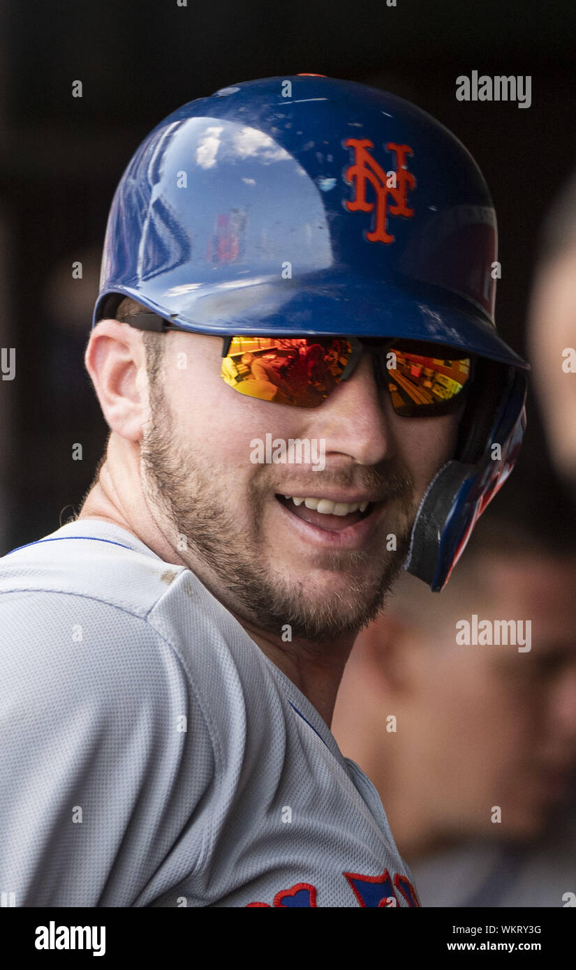 Washington, United States. 04th Sep, 2019. New York Mets Pete Alonso smiles in the dugout after hitting a solo home run against the Washington Nationals in the fifth inning at National Park in Washington, DC on Wednesday, September 4, 2019. Photo by Kevin Dietsch/UPI Credit: UPI/Alamy Live News Stock Photo