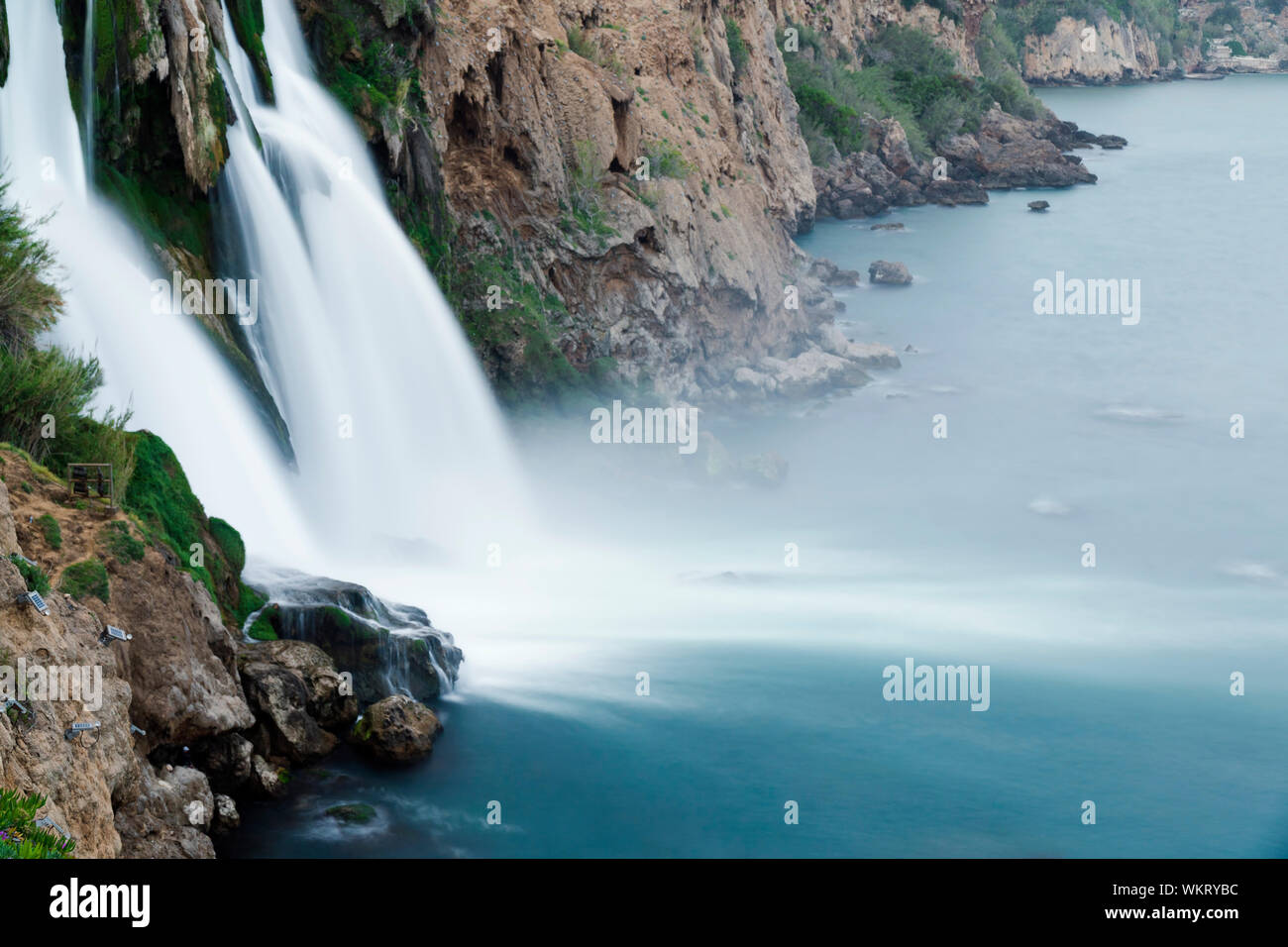 Duden Waterfalls falls into mediterranean sea at Antalya Turkey Stock Photo
