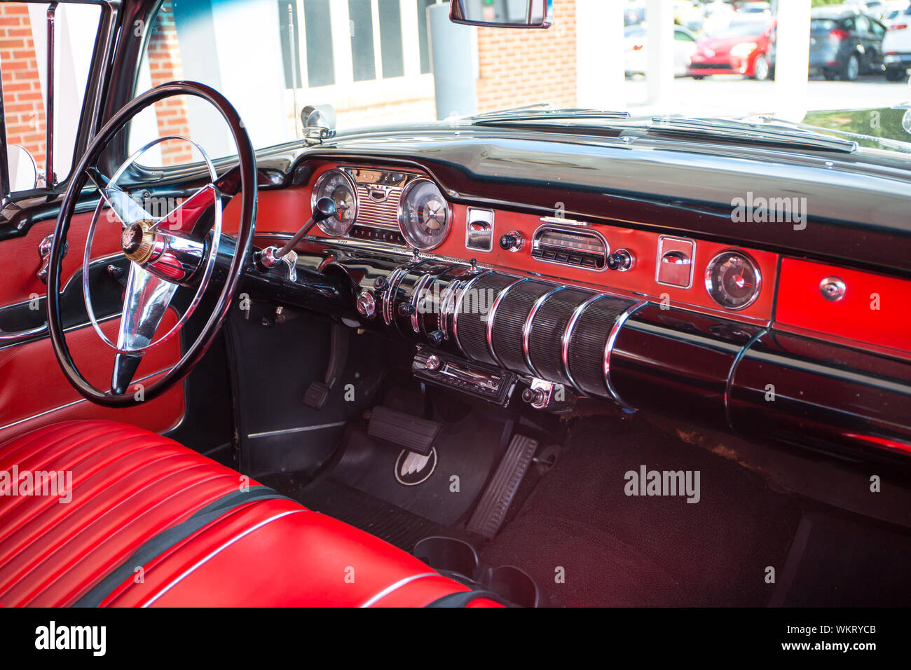 View of the interior of a two-toned 1955 Buick Special automobile on display at a classic car show in Matthews, North Carolina. Stock Photo