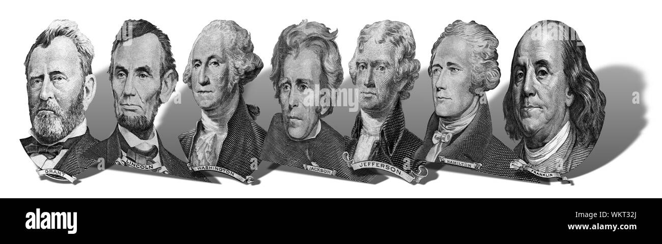 Portraits of America presidents and politicians from dollars isolated on white background. Photo at an angle of 45 degrees, with a shadow. Stock Photo