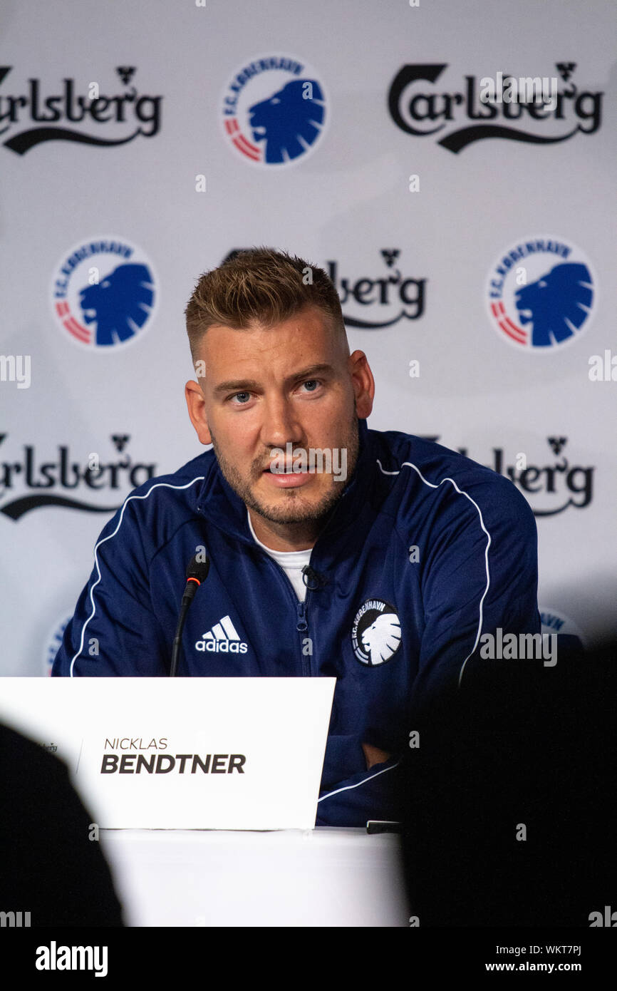 Copenhagen, Denmark. 4th Sep, 2019. FC Copenhagen have signed Nicklas Bendtner from Norwegian champions Rosenborg BK on a deal until the end of the year. Here Bendtner is seen at the press conference in Telia Parken in Copenhagen. (Photo Credit: Gonzales Photo/Alamy Live News Stock Photo