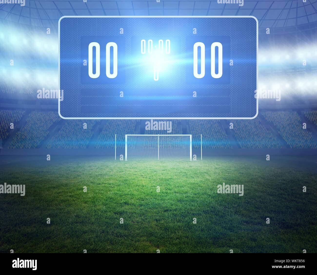 Digitally generated football pitch with goalpost and scoreboard Stock