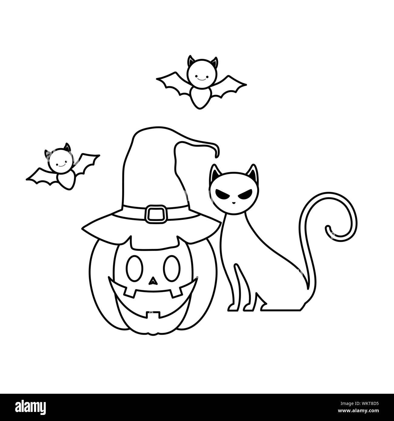 halloween pumpkin with cat and bats flying vector illustration design ...