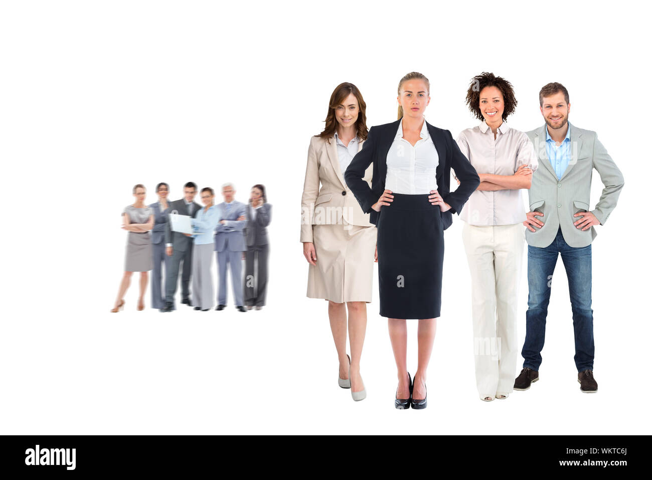 Composite image of business team looking at camera on white background ...