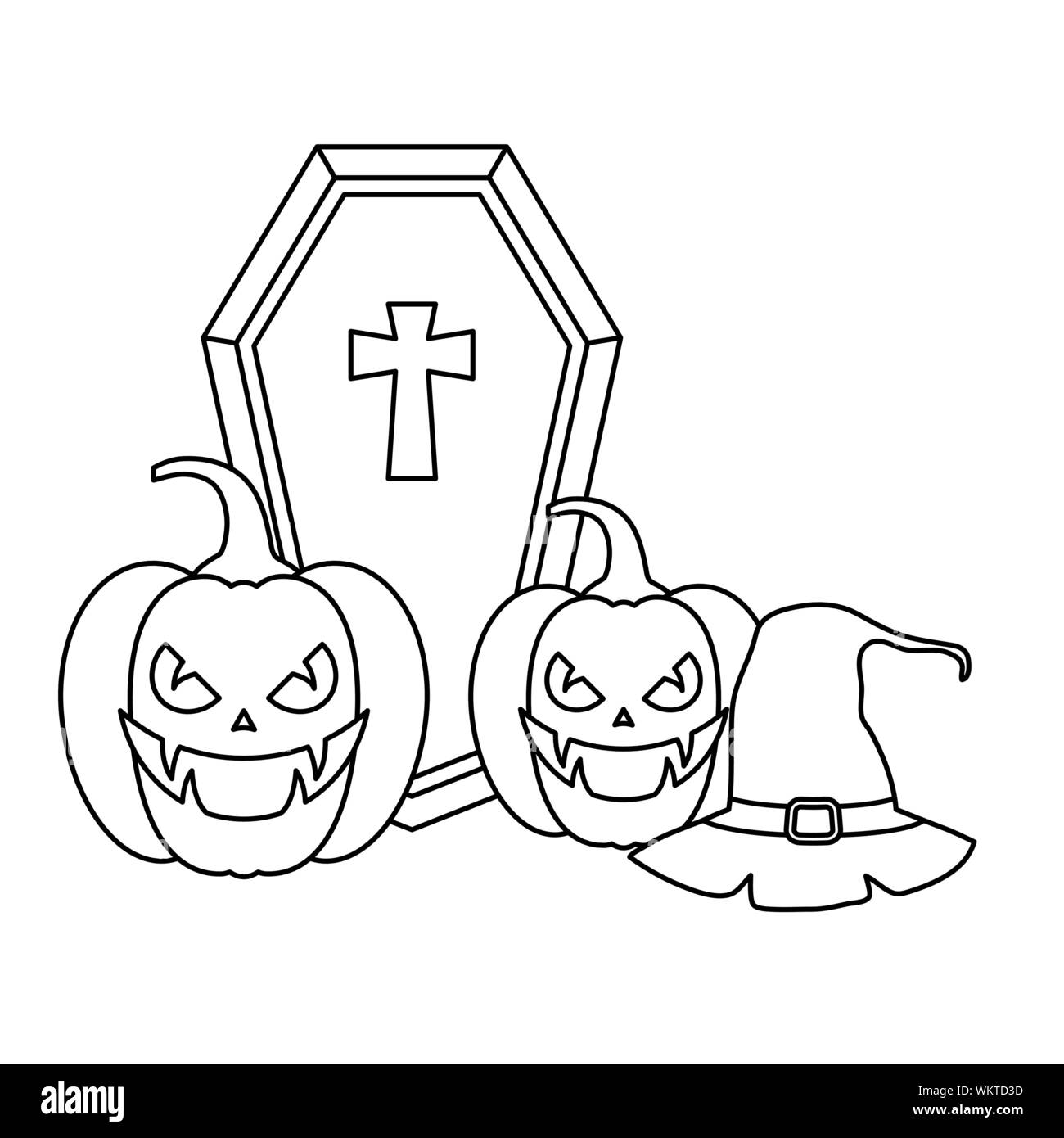 halloween pumpkins with hat witch and coffin vector illustration design ...