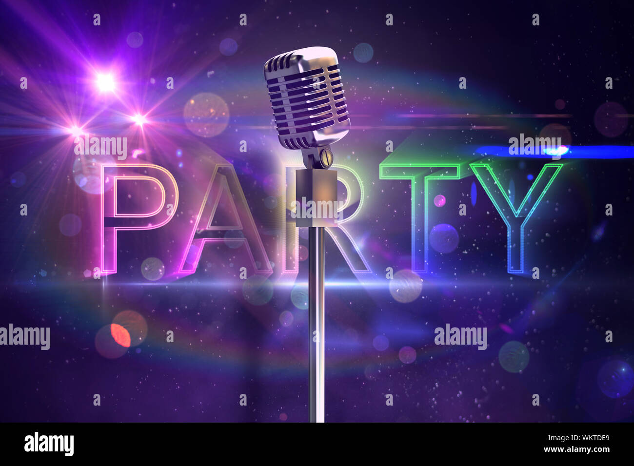 Retro microphone on stand against digitally generated colourful party text  Stock Photo - Alamy