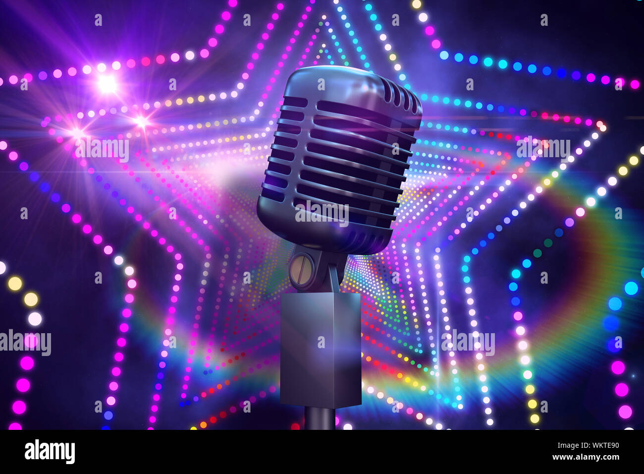 Retro chrome microphone against digitally generated star laser background Stock Photo