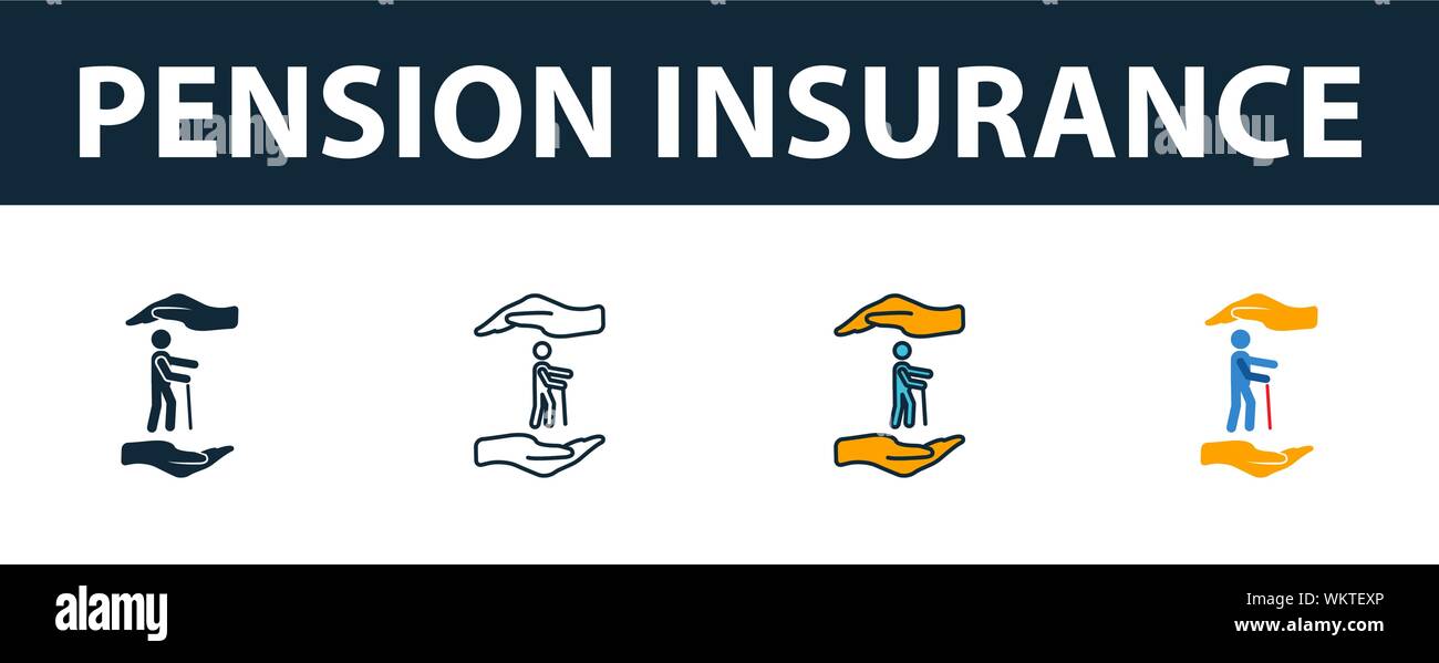 Pension Insurance icon set. Four elements in diferent styles from insurance icons collection. Creative pension insurance icons filled, outline Stock Vector
