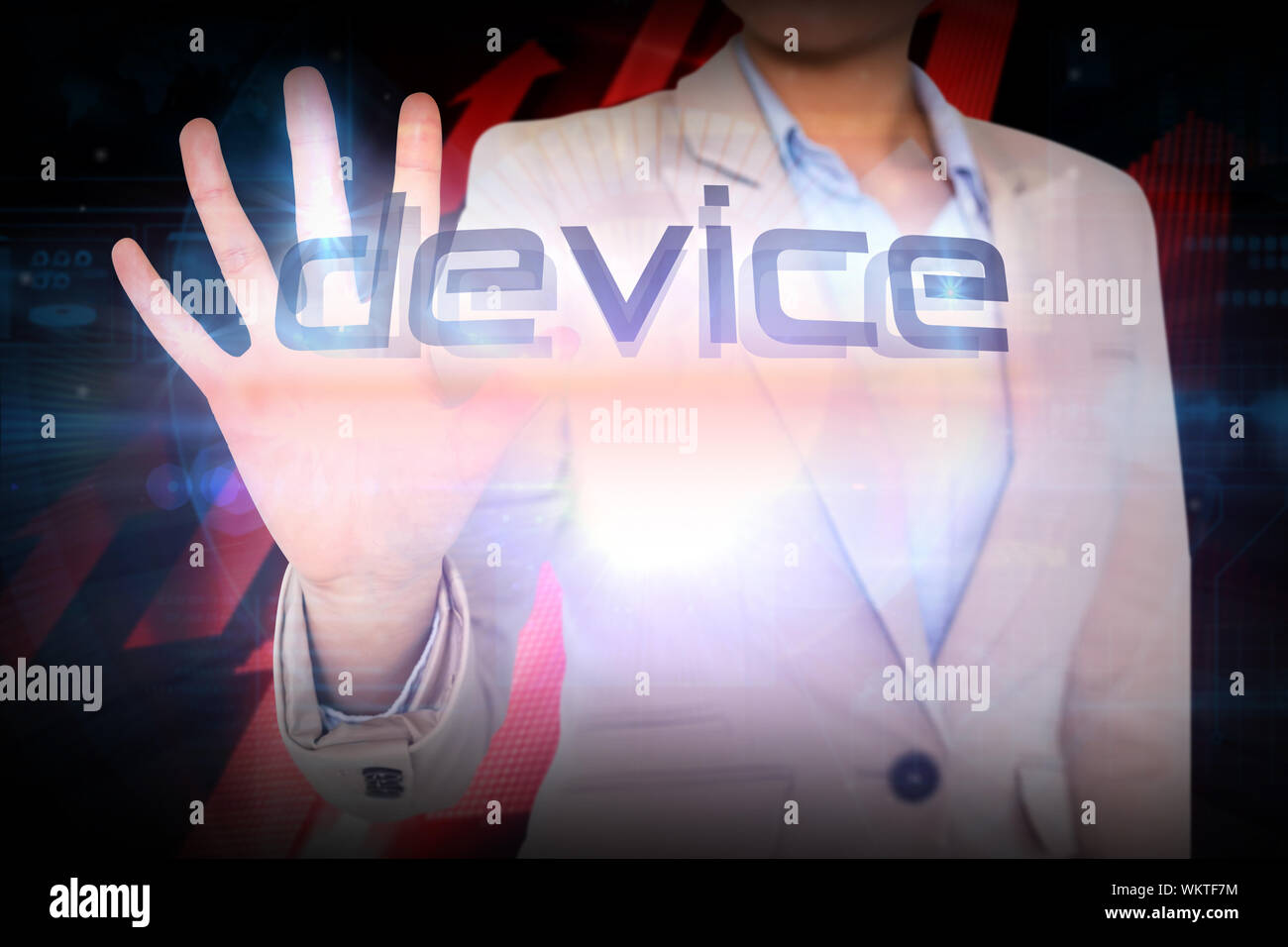 Businesswoman presenting the word device against shiny red arrows on black background Stock Photo
