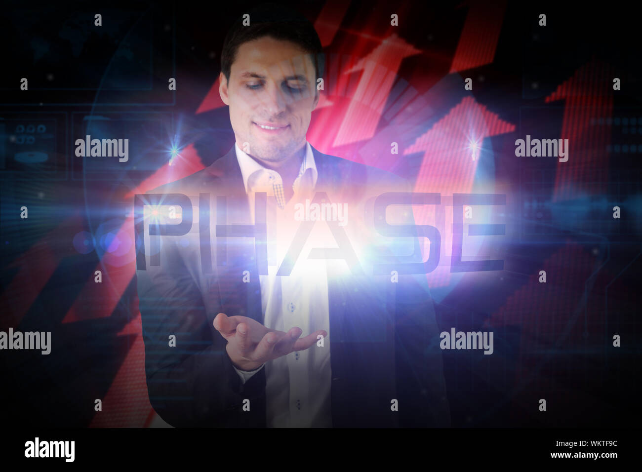 Businessman presenting the word phase against shiny red arrows on black background Stock Photo