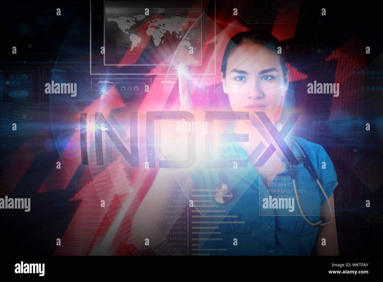 Doctor presenting the word index against shiny red arrows on black background Stock Photo