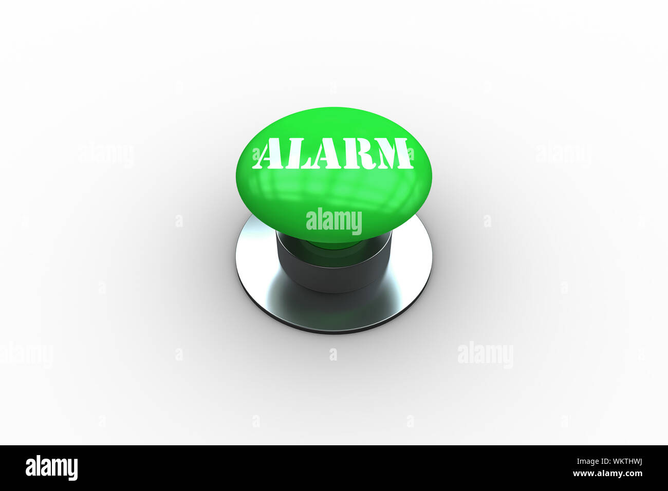 The word alarm on digitally generated green push button Stock Photo Alamy