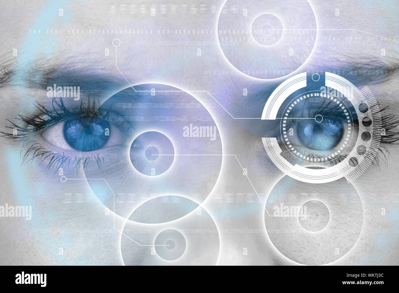 Composite image of close up of female blue eyes against interface Stock ...