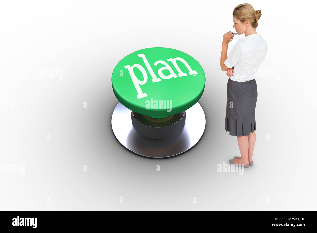 The word plan and thinking businesswoman against white background Stock ...
