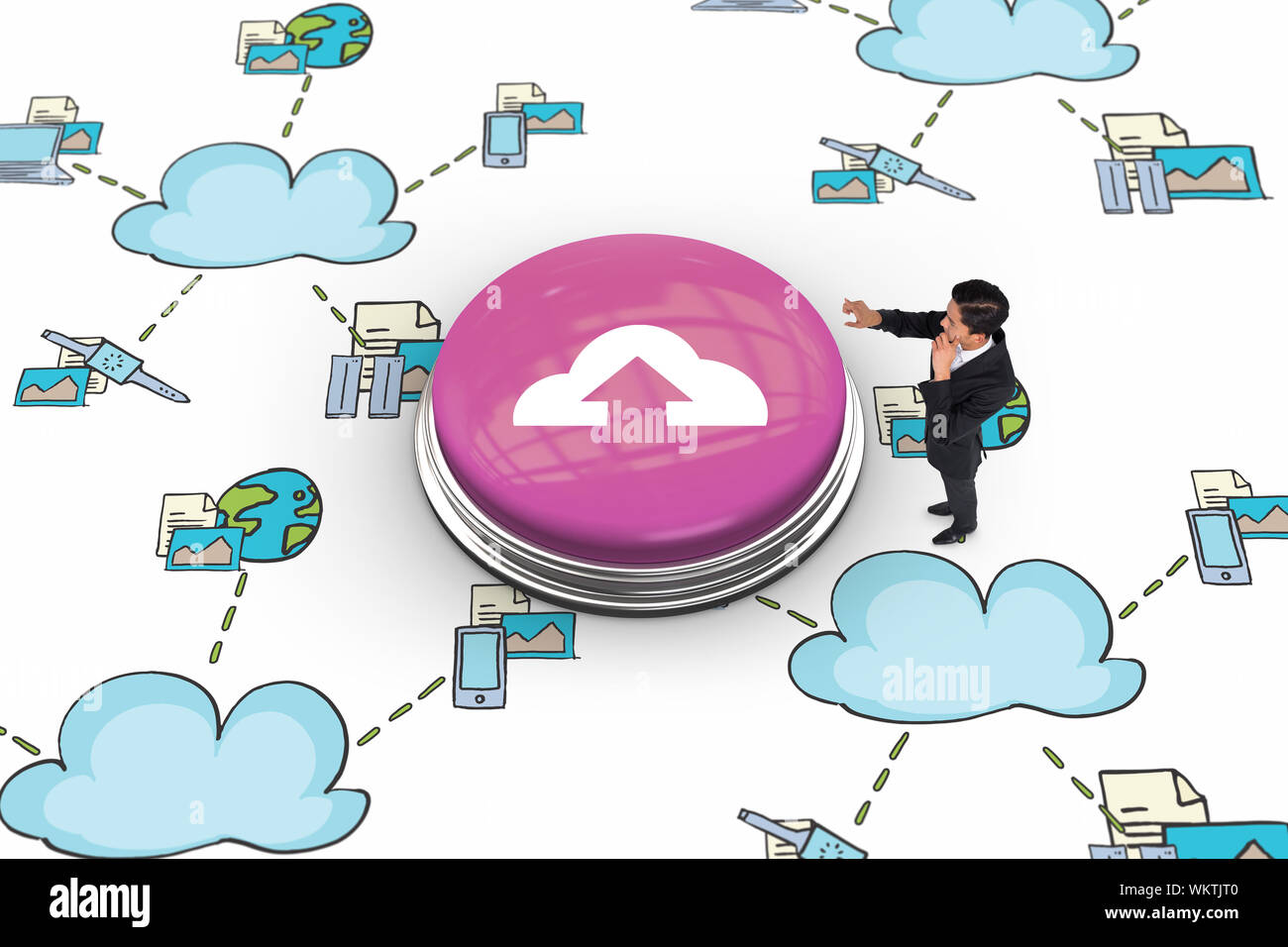 Thoughtful asian businessman pointing against cloud computing Stock Photo
