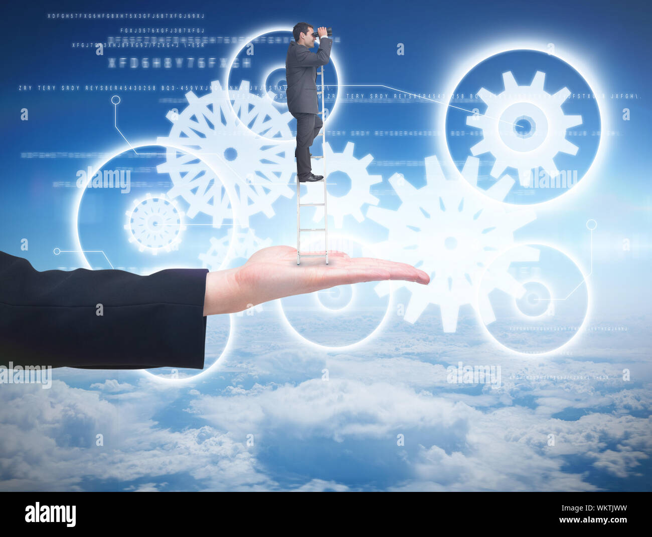 Businessman standing on ladder high in blue sky with clouds hi-res ...