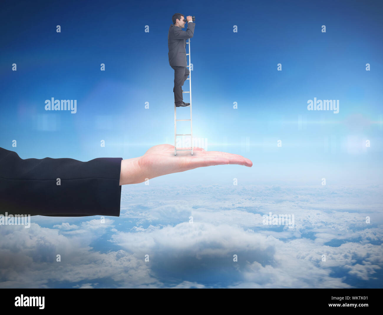 Businessman standing on ladder high in blue sky with clouds hi-res ...