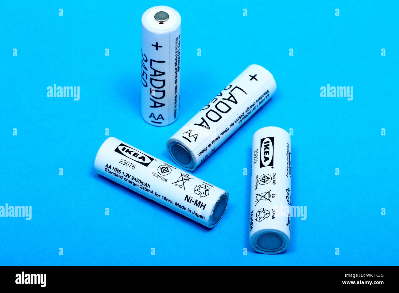 Four Ikea AA 2450 mah rechargeable batteries isolated on a blue background  - Editorial Stock Photo - Alamy