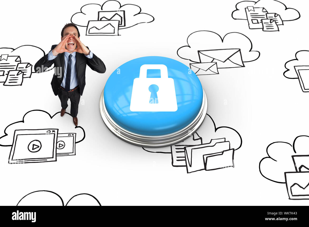 Shouting businessman against lock on white graphic background Stock Photo