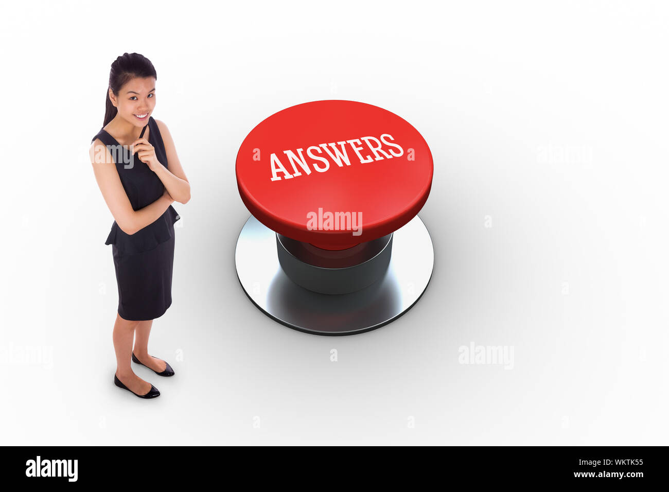 The word answers and thoughtful businesswoman against white background ...