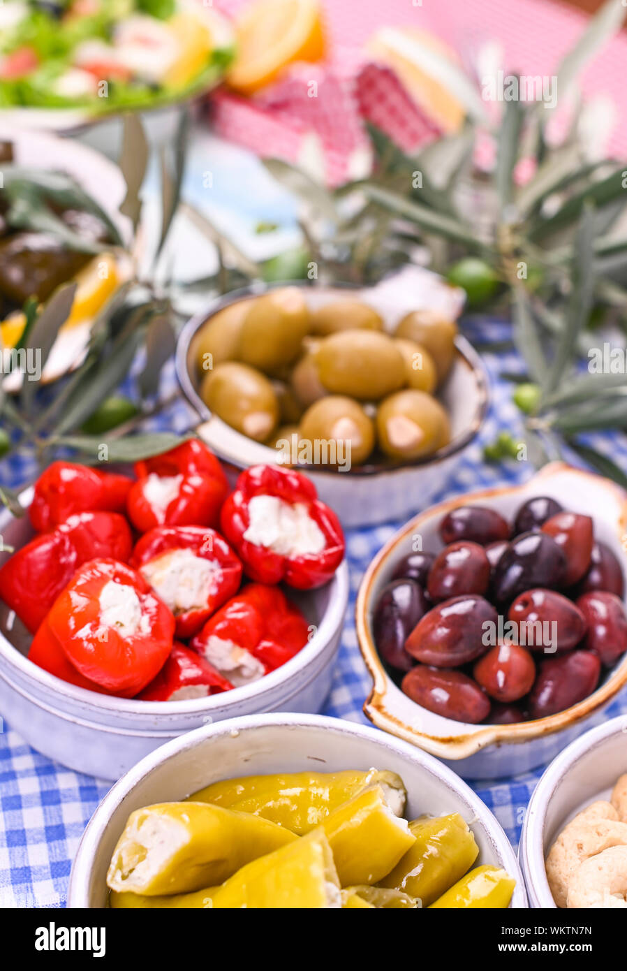 Traditional appetizers, green and red olives from Greek cuisine. Fresh