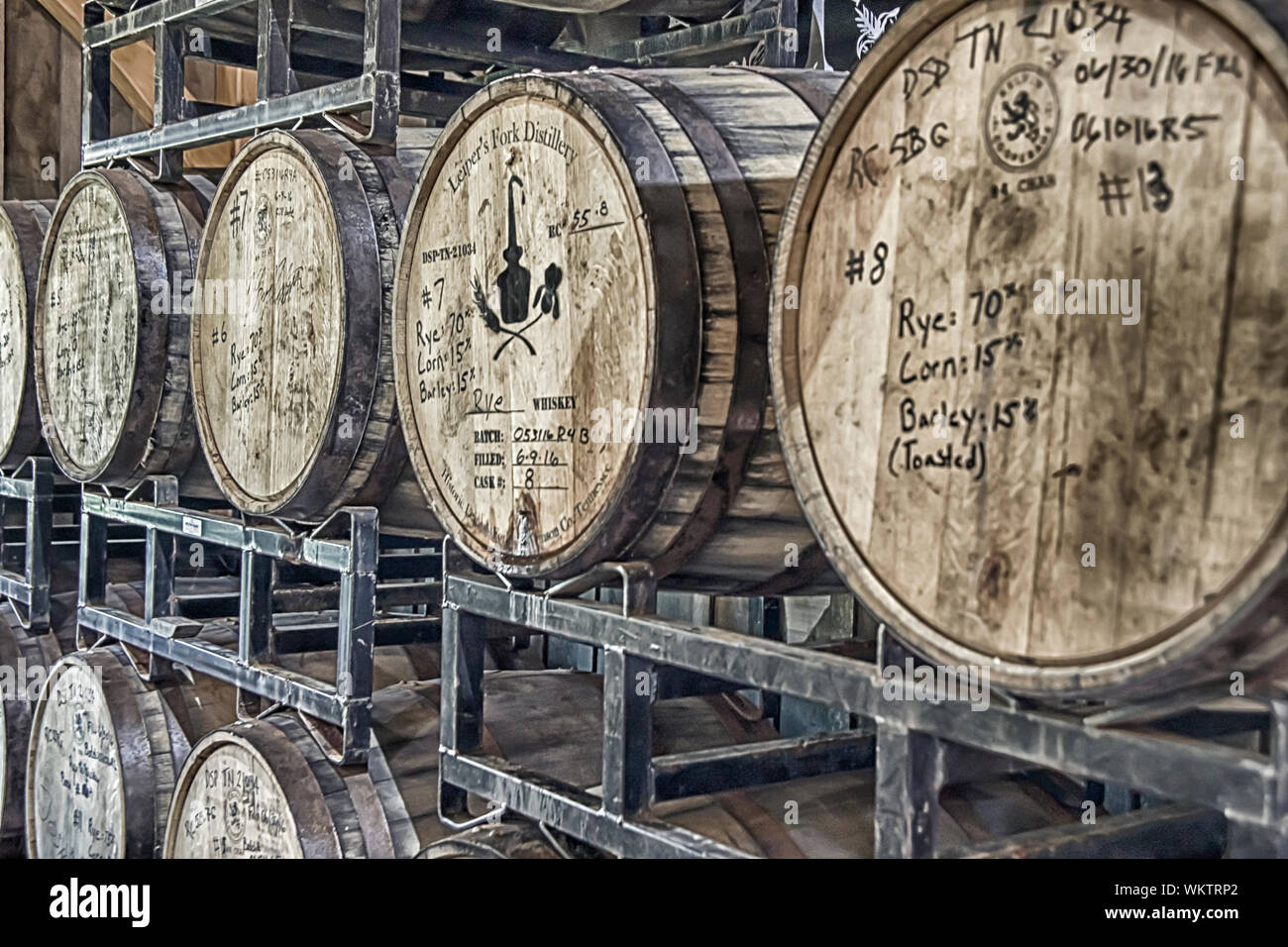 Leipers Fork, Tennessee - August 28, 2019 - Barrels aging in warehouse of Leiper's Fork Distilling Company. Stock Photo